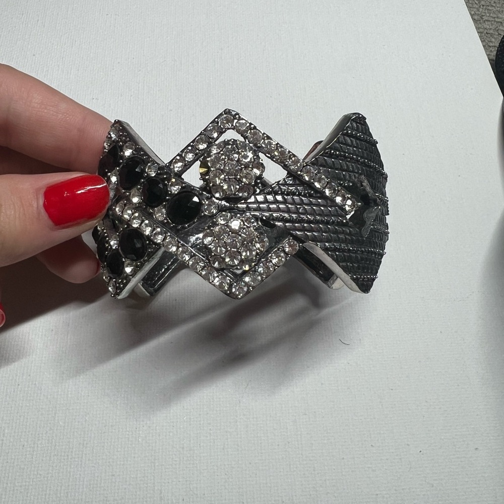 Silver and black stone hinged bracelet